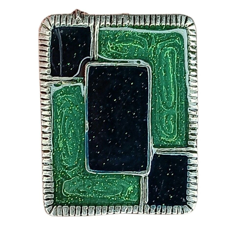 VTG Art Deco Adjustable Ring Green Black Enamel Rectangle Geometric Silvertone